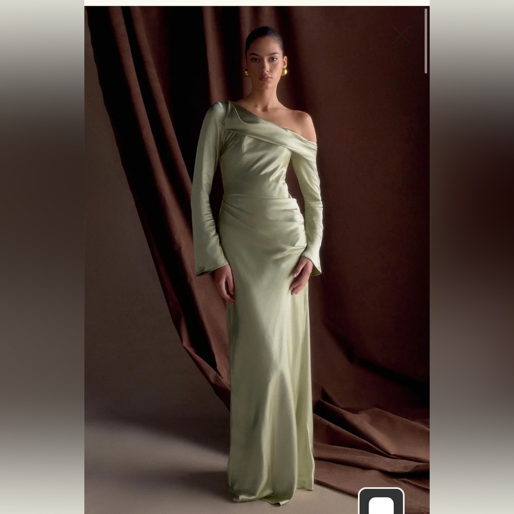Meshki One-Shoulder Long Sleeve Satin Gown in Sage Green